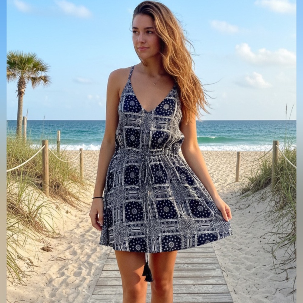 Sea Gypsies Navy and White Patterned Boho Mini Dress - Size S - NWOT
